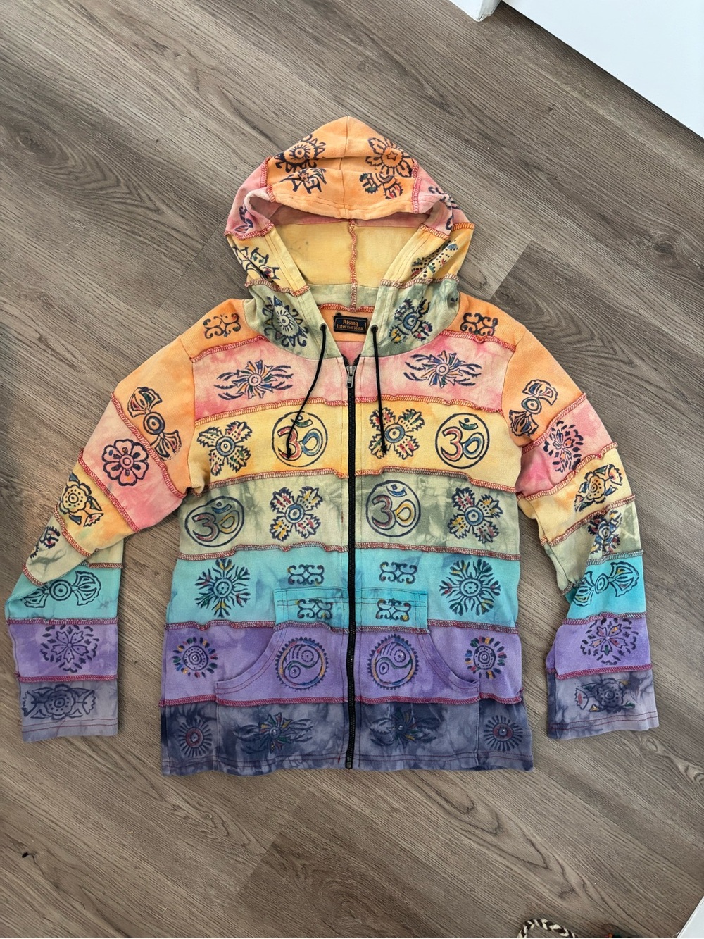 VTG Rising International Boho Tie-Dye Rainbow Hippie Cotton Zip Up Hooded Jacket